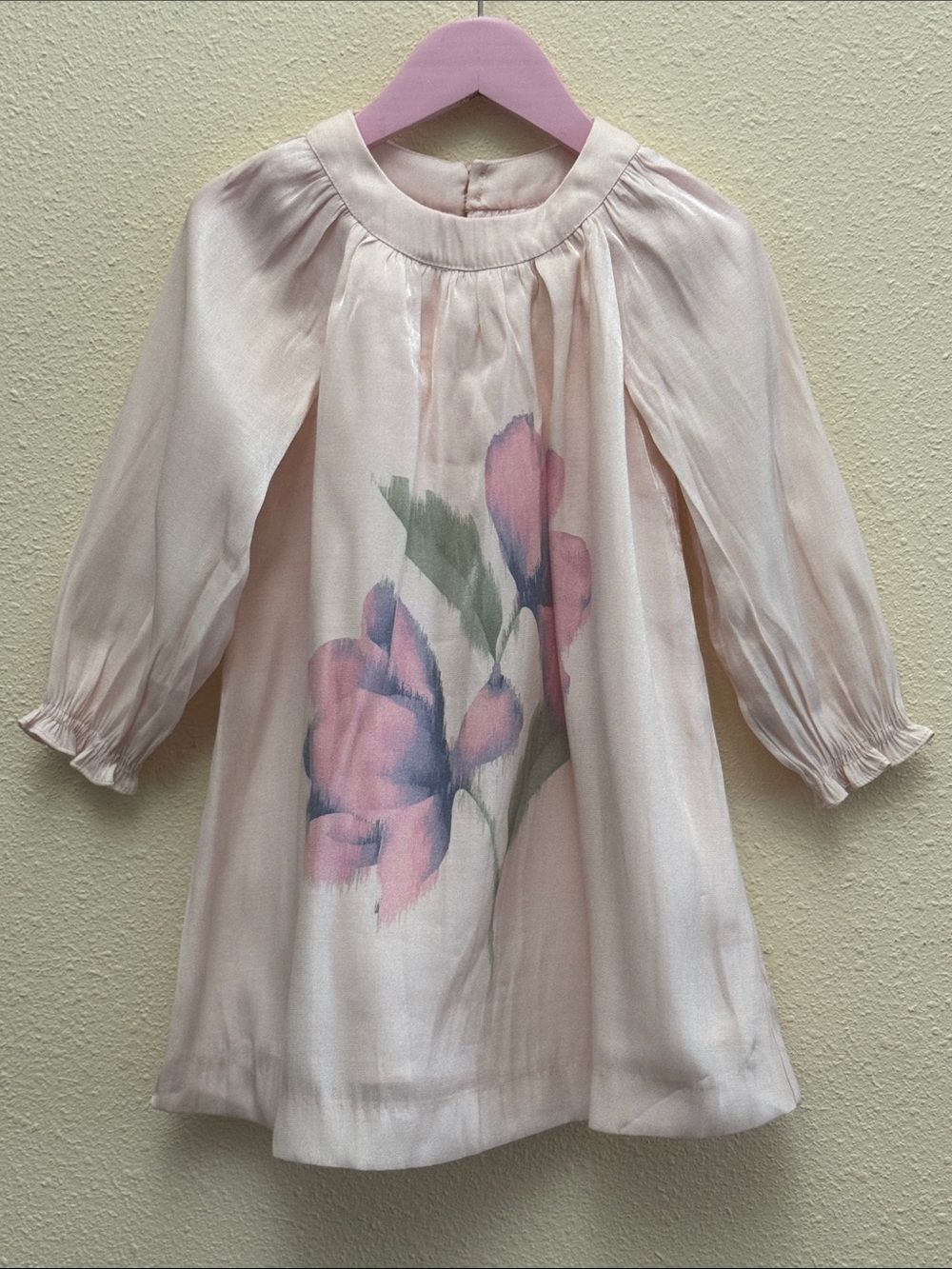 Zara Kids Dress Girls Light Pink Mauve Floral Shiny Long Sleeve Dress Size 4